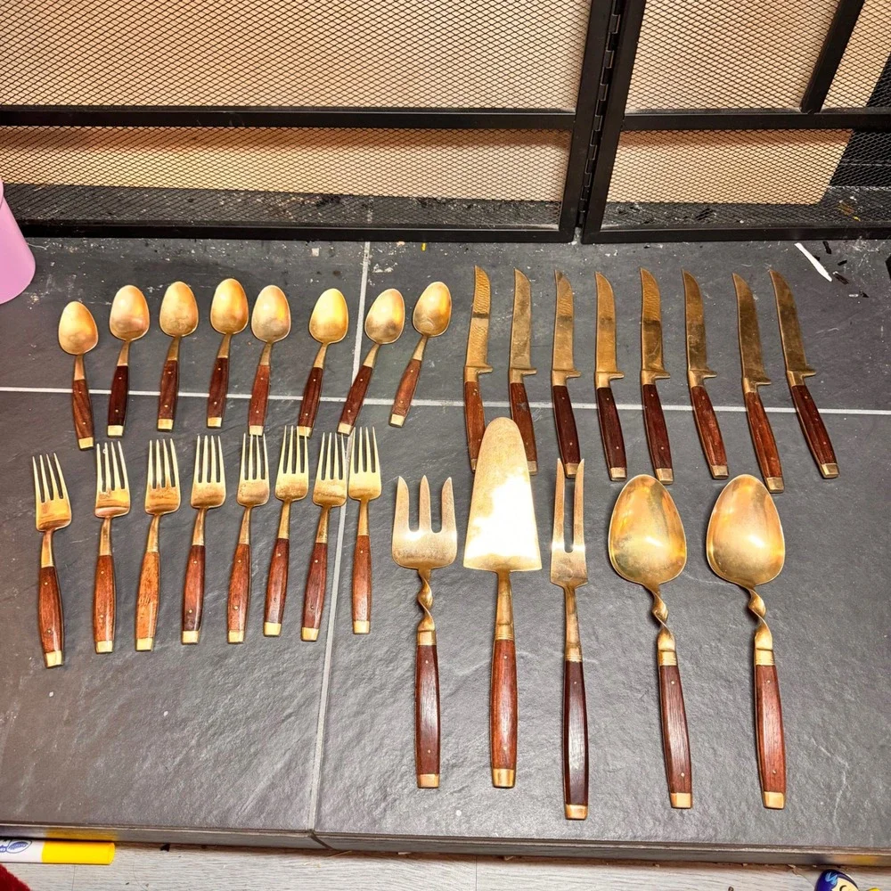 Vintage MCM Luxury Gold Tone Cutlery Rosewood Handles Serving Utensils 29pc‎ Set